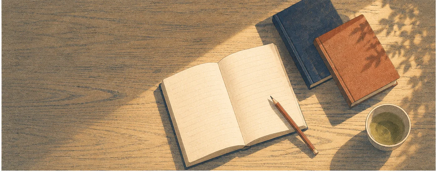 夕暮れの机に開かれたノートと数冊の本